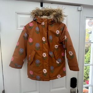 Mini Boden authentic butterscotch floral jacket with Faux Fur Hood